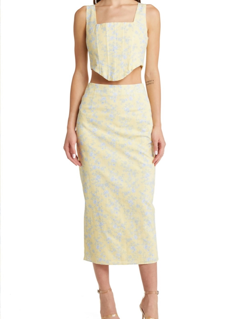 Yellow Floral Midi Pencil Skirt